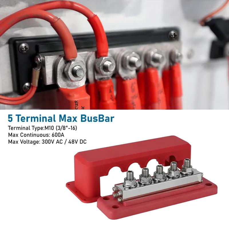 Bus Bar Terminal Block Car M10 5 Way Busbar Terminal Block Power Distribution Block For RV Car Boat Yacht Truck 600A 12V-48V DC