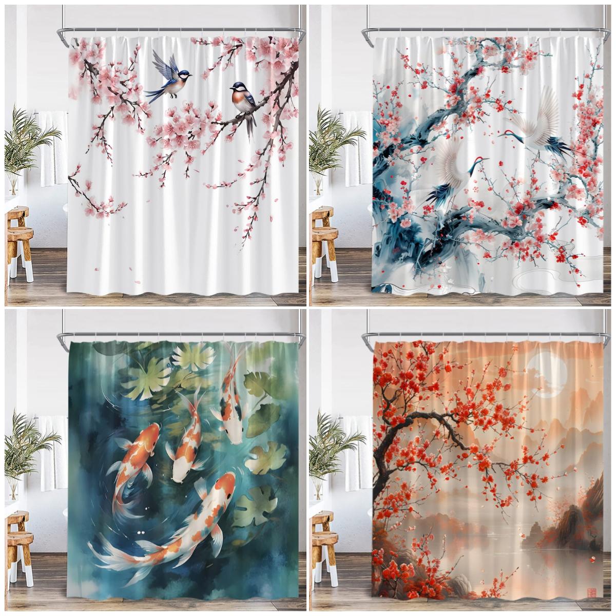 Pandara Jewelry Shower Curtain Asian Ink Wash Cherry Blossom Koi Crane Print Waterproof Polyester Bathroom Decor Curtain
