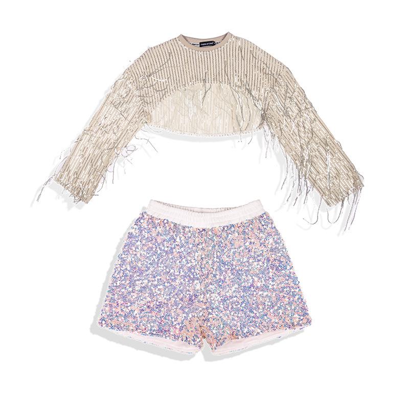 Girls' Sequin Tassel Jazz Dance Outfit - Mesh Long Sleeve & Pants Set for Street & Performance