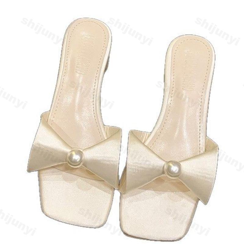 Fashion 2025 Summer New Style Bow Designed Elegant Slippers Women's Thick Heels Oped Toes Outdoor Beach Comfortable Lightweight Sandals