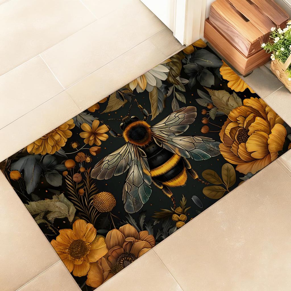 Retro Golden Bee Floral Door Mat Vintage Art Non Slip Floor Rug Decor