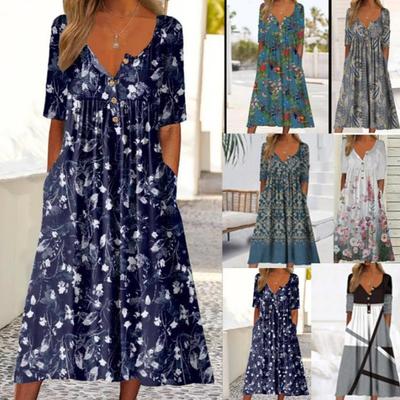 Damenkleid Bedrucktes Maxikleid mit Taschen und Strickjacke