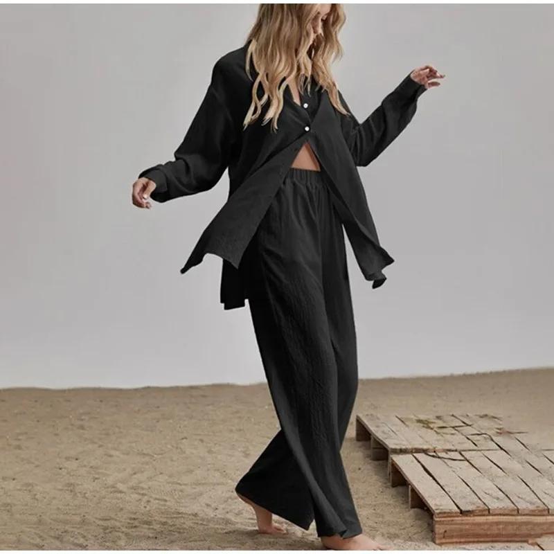 Set Musulmano da Donna Set Pantaloni a Gamba Larga Set Due Pezzi Lino Bottoni Camicia Completo Ramadan Eid Dubai Ensemble Abbigliamento Arabo