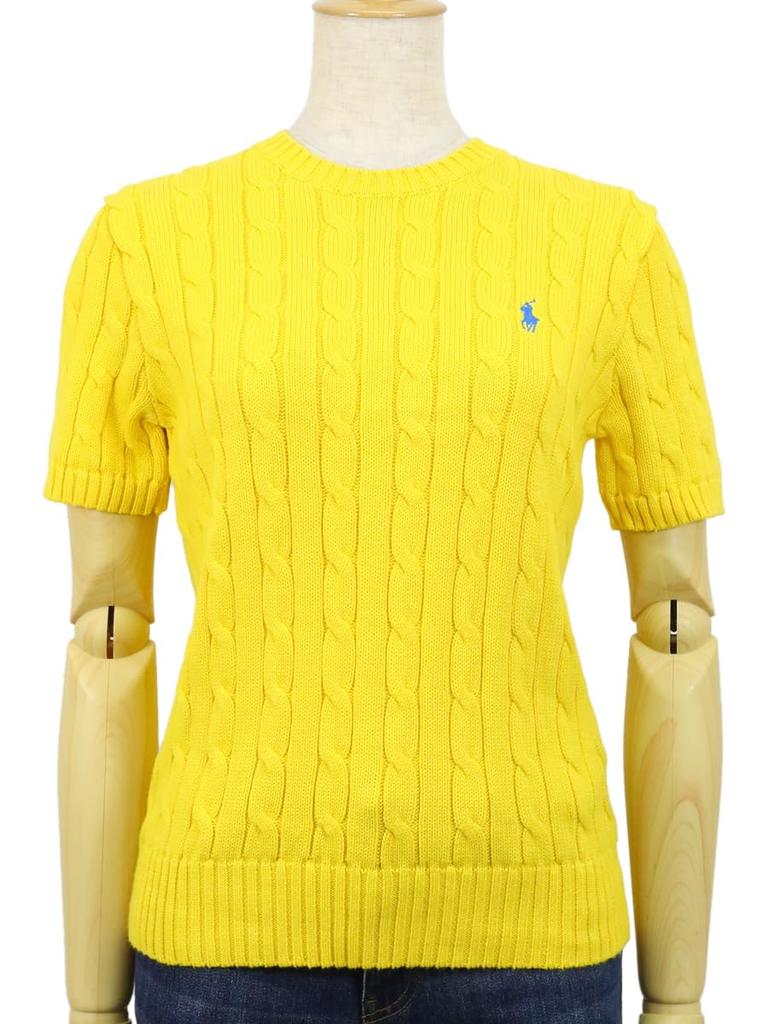 POLO Ralph Lauren Short Sleeve Cotton Cable Crew Neck Size Yellow Women's Sweater, Small, (Product Code 01020123)