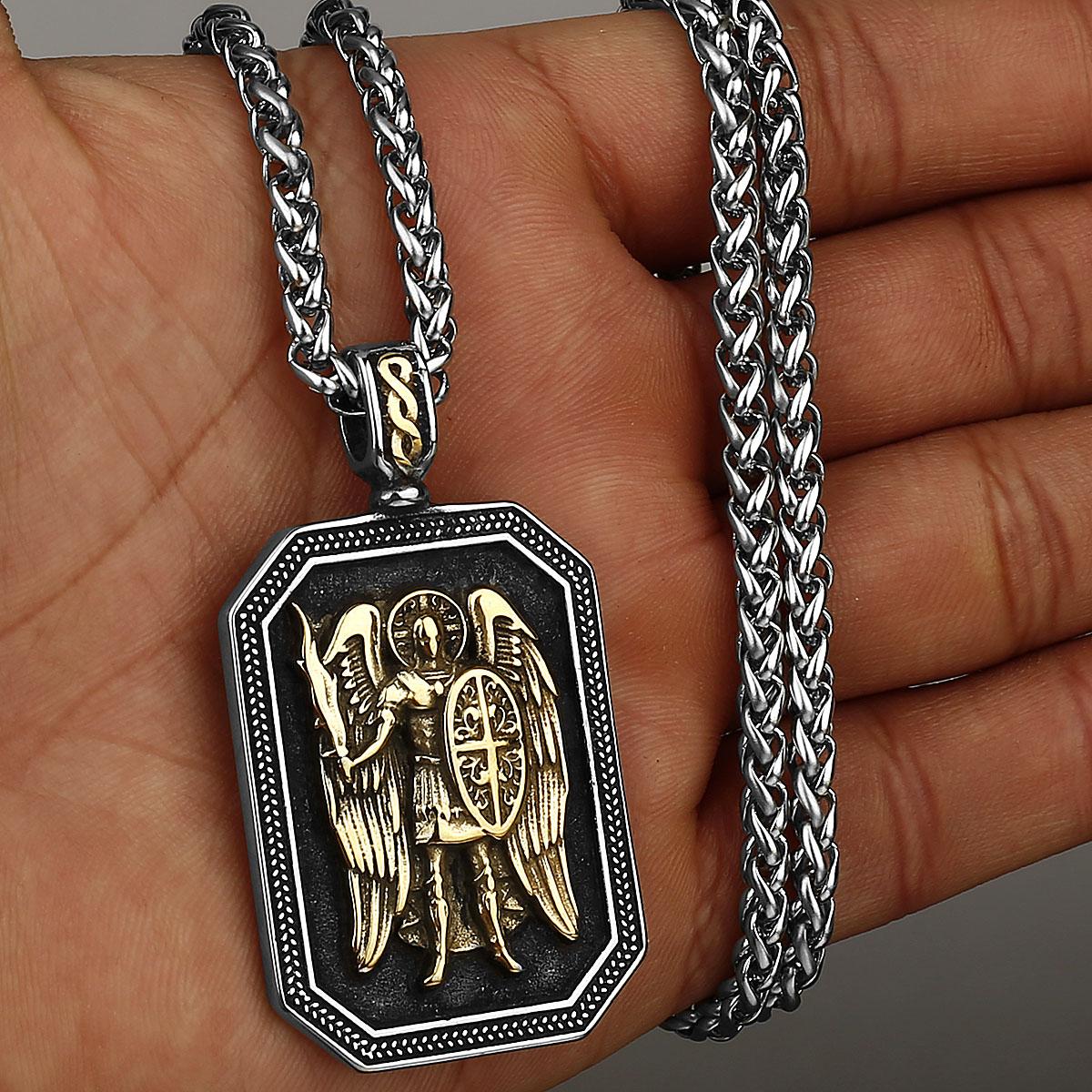 Archangel Michael Cross Shield Prayer Tag Titanium Stainless Steel Pendant Men s Amulet Necklace Jewelry Gift