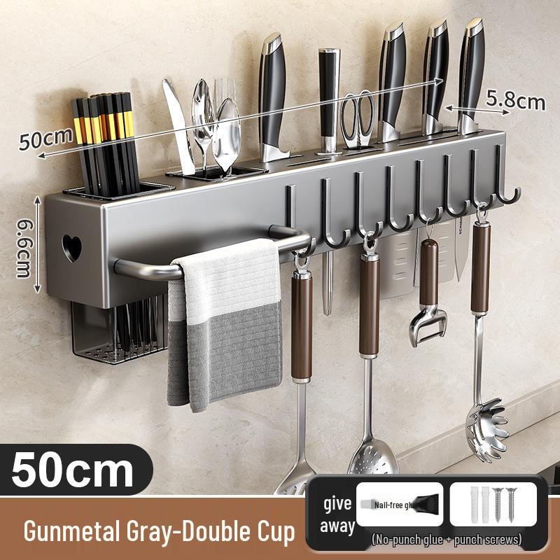 Wall-Mounted Kitchen Knife & Chopstick Storage Rack with Hooks (Punch-Free)