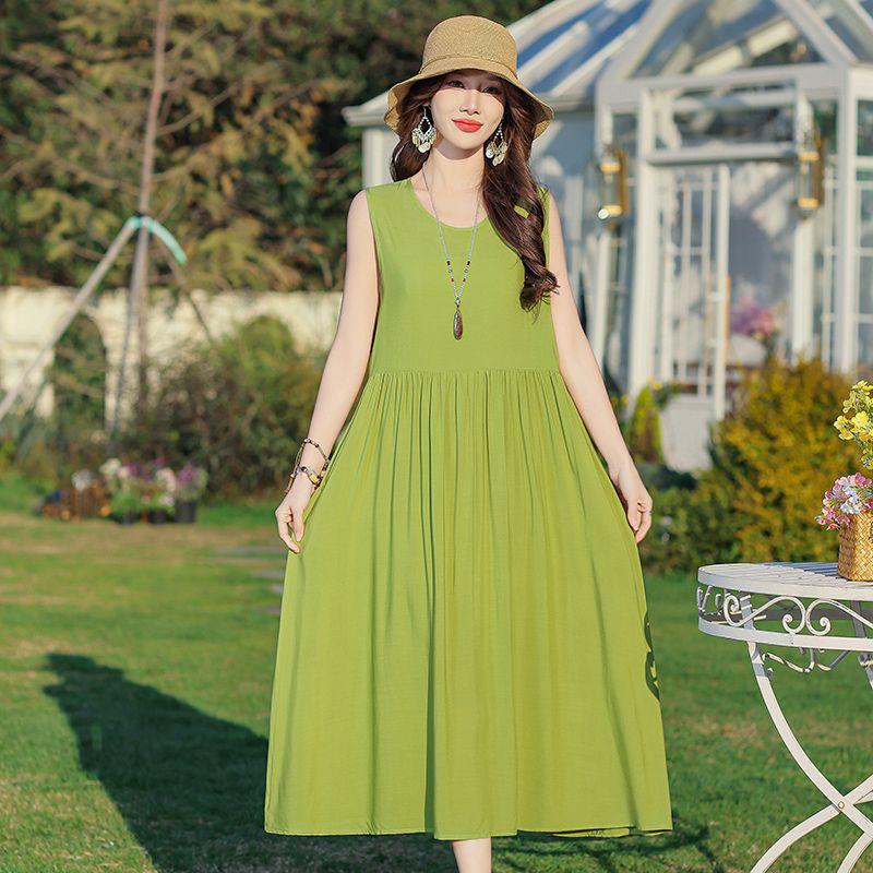 Elegant Plus Size Floral Cotton-Silk Sleeveless Summer Dress
