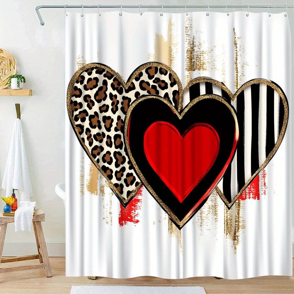 

1Pc Abstract Heart Shower Curtain - 3 Overlapping Hearts, Leopard Print, Red & Black-White Stripes, Golden Glitter Background W60H190(CM)-1 Pcs