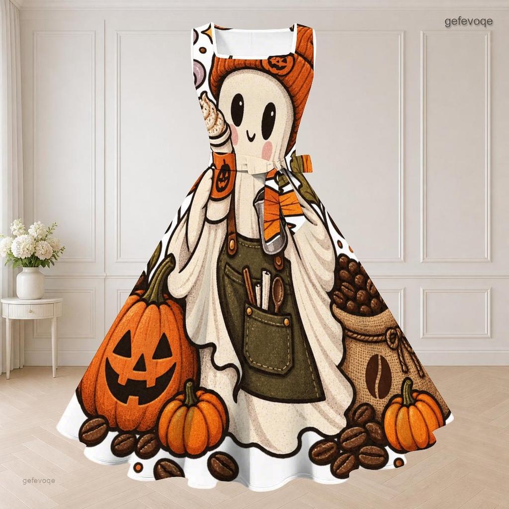 Women Plus Size Halloween Printed Two Piece Set Short Sleeve Cropped Shrug Sleeveless Square Neck Tie Waist Flared Dress