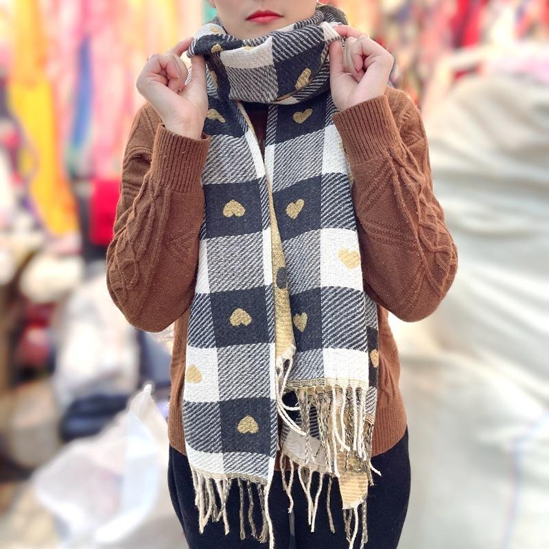 Autumn and winter scarves women's double-sided cashmere plaid love thickened high-end scarf versatile warm shawl factory