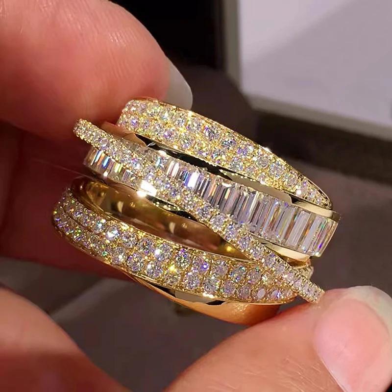 Huitan Luxury Women Rings Inlaid Shining Cubic Zirconia Wedding Party Trendy Jewelry CopperColor/Gold Color Finger Accessories