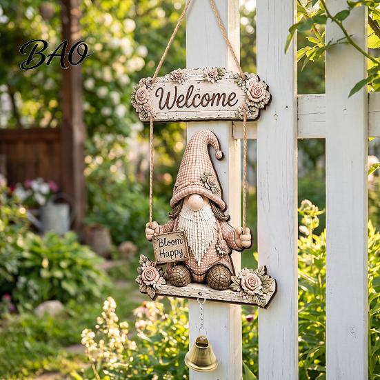 Outdoor Courtyard Decoration Wooden Gnome Door Hanger with Bell, Country Garden Welcome Sign Front Porch Hanging Swing Wall Plaque, Farmhouse Ornament