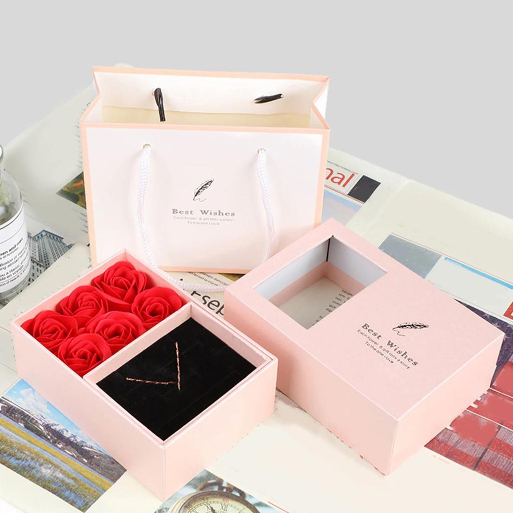 1Set 6 Rose Gift Box Window Jewelry Box Ring Box Necklace Earrings Thanksgiving Valentine Gift Box (No Jewelry)