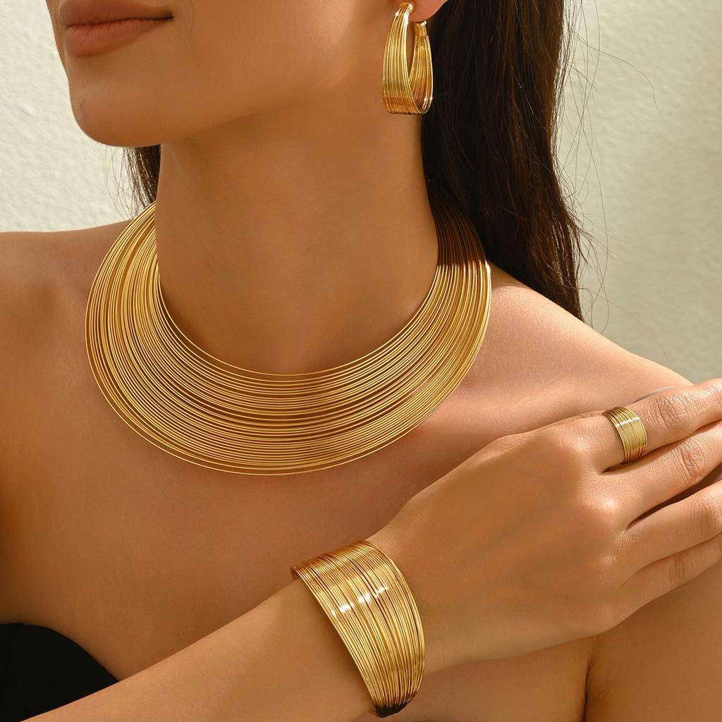 Multi-layer Metal Jewelry Set Geometric Line Design Collar Versatile Opening Adjustable Bracelet Women