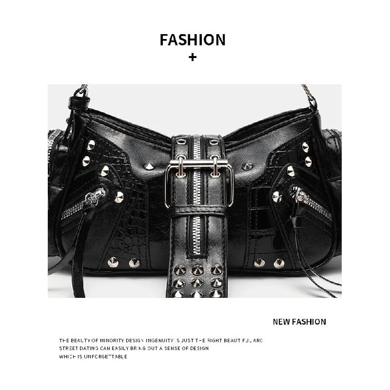 Women's Y2k Punk Vintage Shoulder Purse PU Leather Gothic Rivet Handbag Waist Bag Luxury Black Cross Body Bags with Spikes