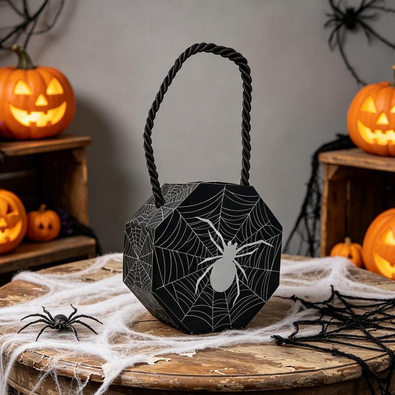 1/10Pcs Halloween Spider Web Paper Gift Box Rope Handle Candy Bucket For Kids Trick Or Treat Party Favor Decor Container