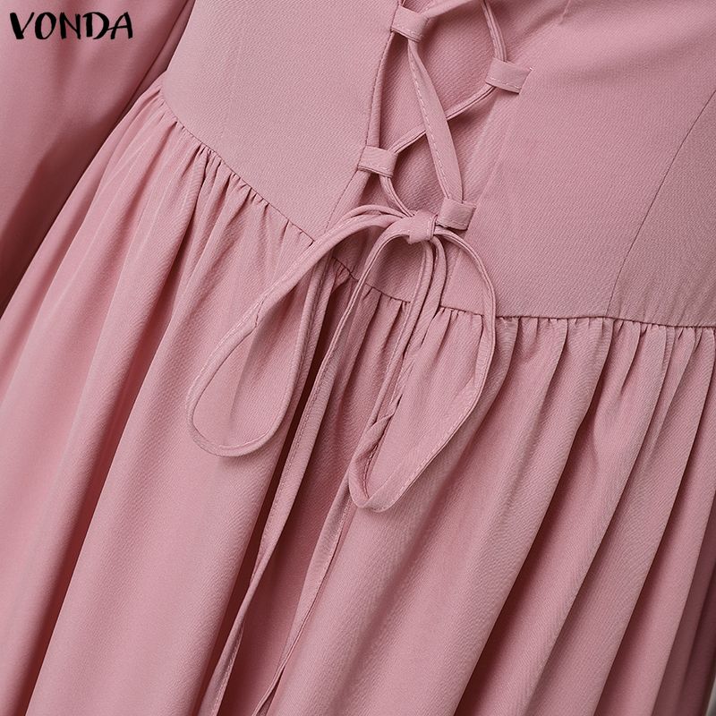 VONDA Elegante Abito Maxi da Donna con Scollo Quadrato, Maniche Lunghe, Allacciatura, Casual, da Festa, con Volant, Svasato
