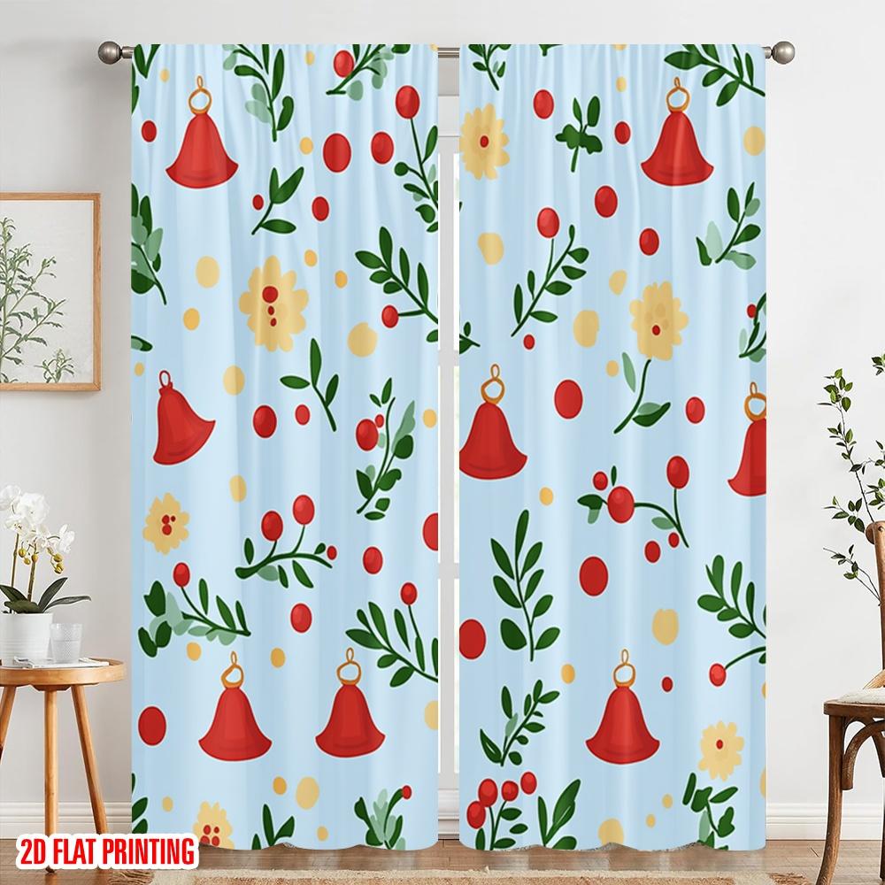 2pcs,2D Plane Printing Pattern Curtains Christmas Bells Holly Durable Polyester (without Rod) Festive for Various Rooms,