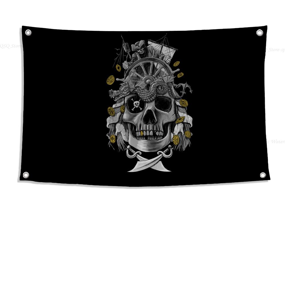 1pc Double Broken Skull With Knife Pirate Flag Flags And Banners Four Hole Flag Polyester Outdoor Decor Room Aesthetic