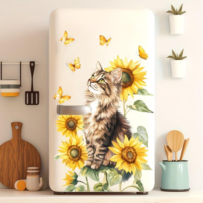 Sonnenblume Schmetterling Katze Wandaufkleber Abnehmbar Küche Kühlschrank Aufkleber Heimkunst Dekoration A2 beige