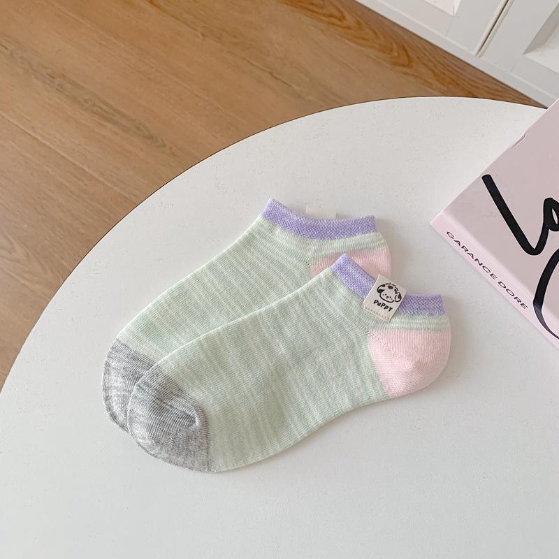 

5pair Spring And Summer Short Tube Socks Children S Oil Painting Stick Series Wind Girl Socks Cloth Label Contrasting Color Boat Socks One size fits all зелений