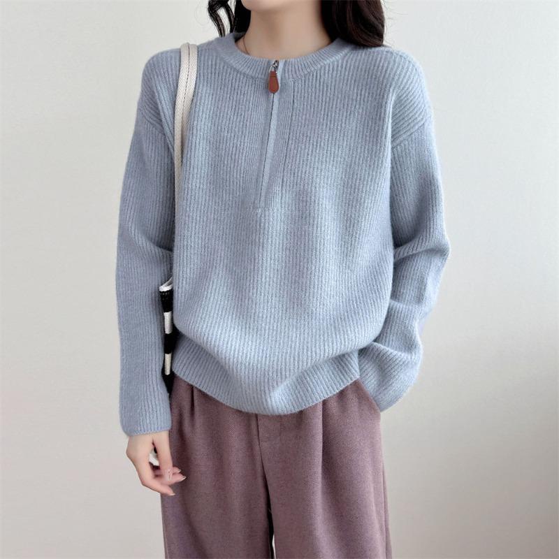 Lazy wind semi-zipper knitted bottoming shirt autumn and winter new high-end round neck pullover sweater women's outer top women
