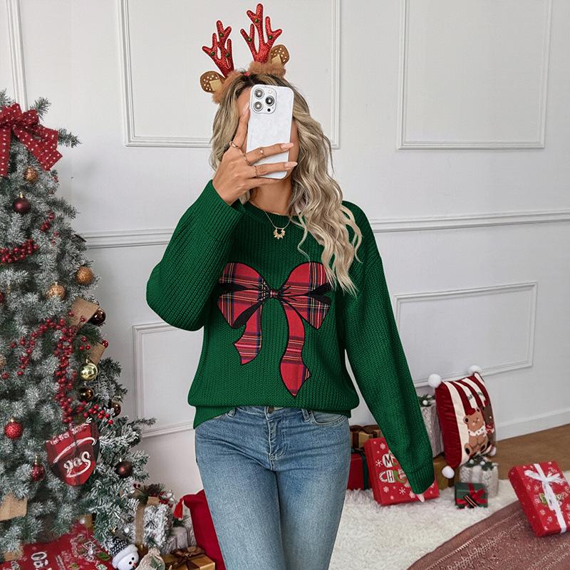 Knitted Sweater Winter Bow Stitching Round Neck Pullover Sweater for Women Fashionable and Versatile