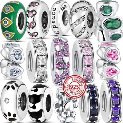 New S925 Sterling Silver Cat Paw Print Peace Heart Shiny Zircon Round Bead Fit Original  Charms Bracelet DIY Women Jewelry