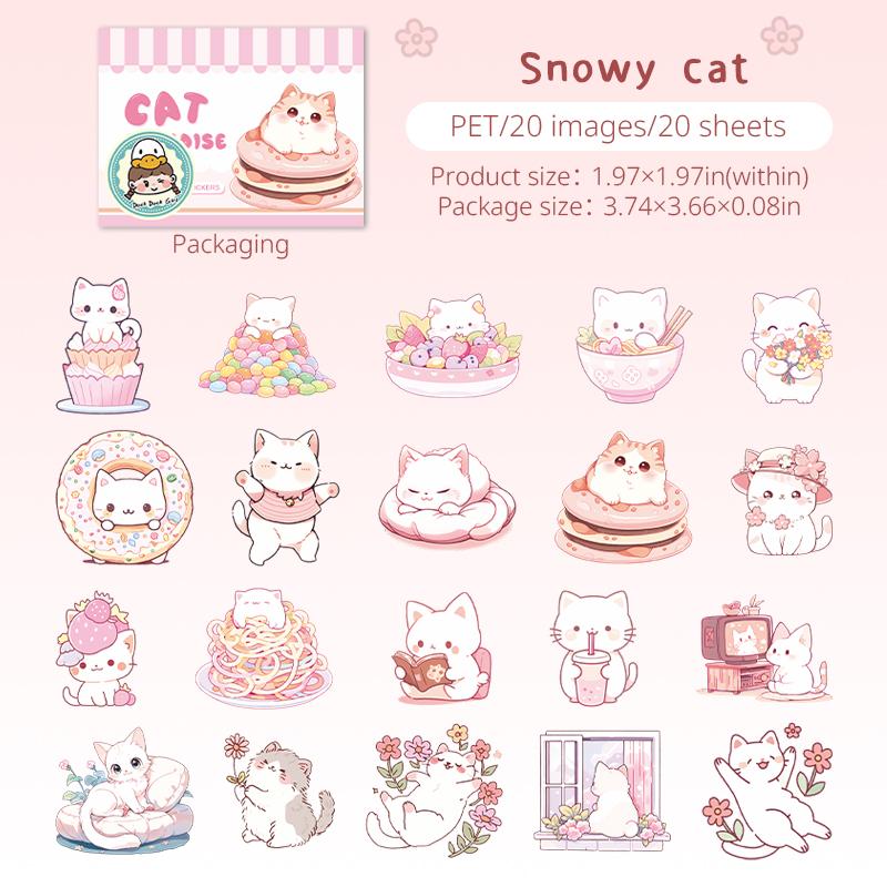

20 Sheets/bag PET Sticker Pack Kawail Cat Dessert Pattern Stickers Creative Hand Account Scenery DIY Cup Storage Box Decoration