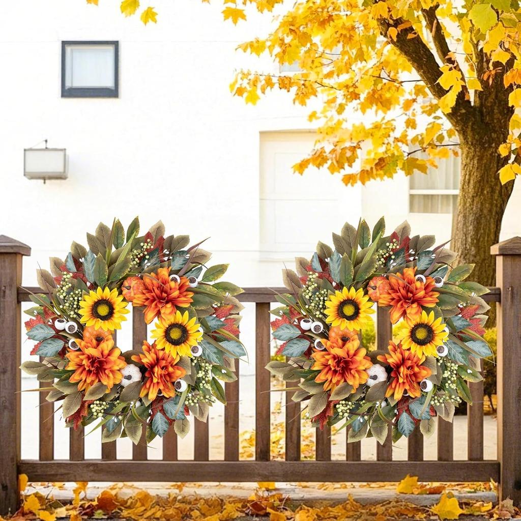Wreath Front Door 24IN Autumn Maple Leaves Wreaths Fall Harvest Door Wreaths with Pumpkin Large Door Wreath for Thanksgiving Halloween Farmhouse