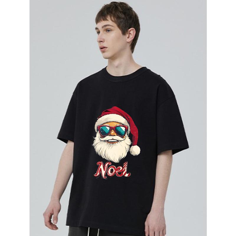 Black T Shirt Santa Claus With Sunglasses Noel Print Christmas Holiday Party Wear