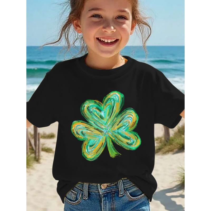 European sizes Summer Fashion Girls' Short Sleeve T-Shirt with Clover Cartoon Print, Casual Versatile Top