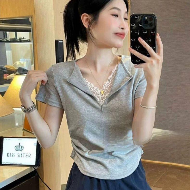 Lace splicing age-reducing short-sleeved T-shirt women's summer new design slim-fitting waist short top trendy