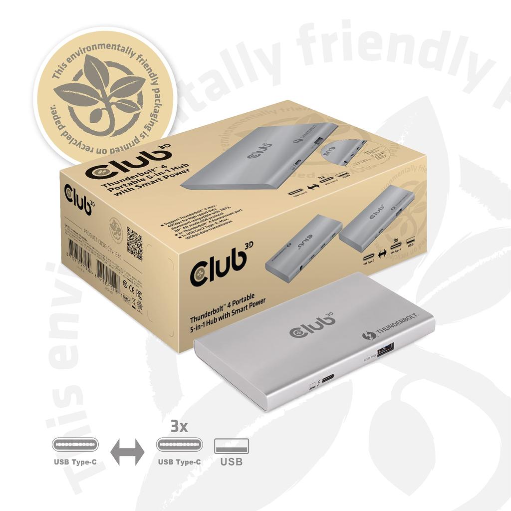 Club 3D Thunderbolt 4 40Gbps Přenosný Hub DisplayPort 4K60Hz 8K30Hz USB USB 10Gbps Chytré Napájení 60W 5-v-1 Type-C Type-A (CSV-1580)