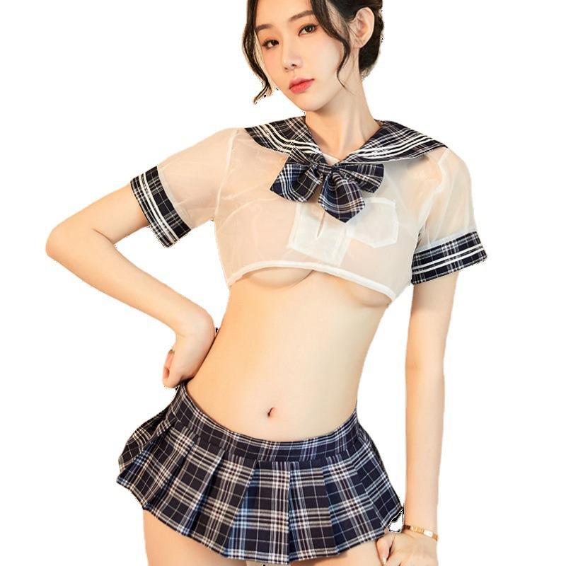 Senior sister fun fashion jk uniform temptation suit sexy transparent shirt plaid skirt pleated 8530
