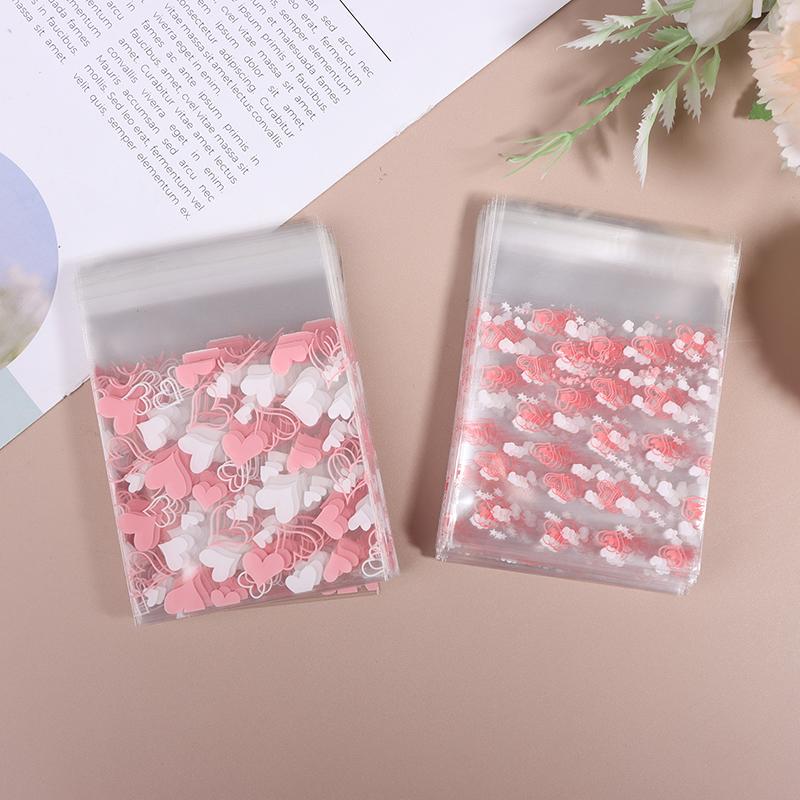 100Pcs Heart Shaped Transparent Candy Bag Biscuit Snacks Plastic Bag Baking Decoration Packaging Self-Adhesive Bag