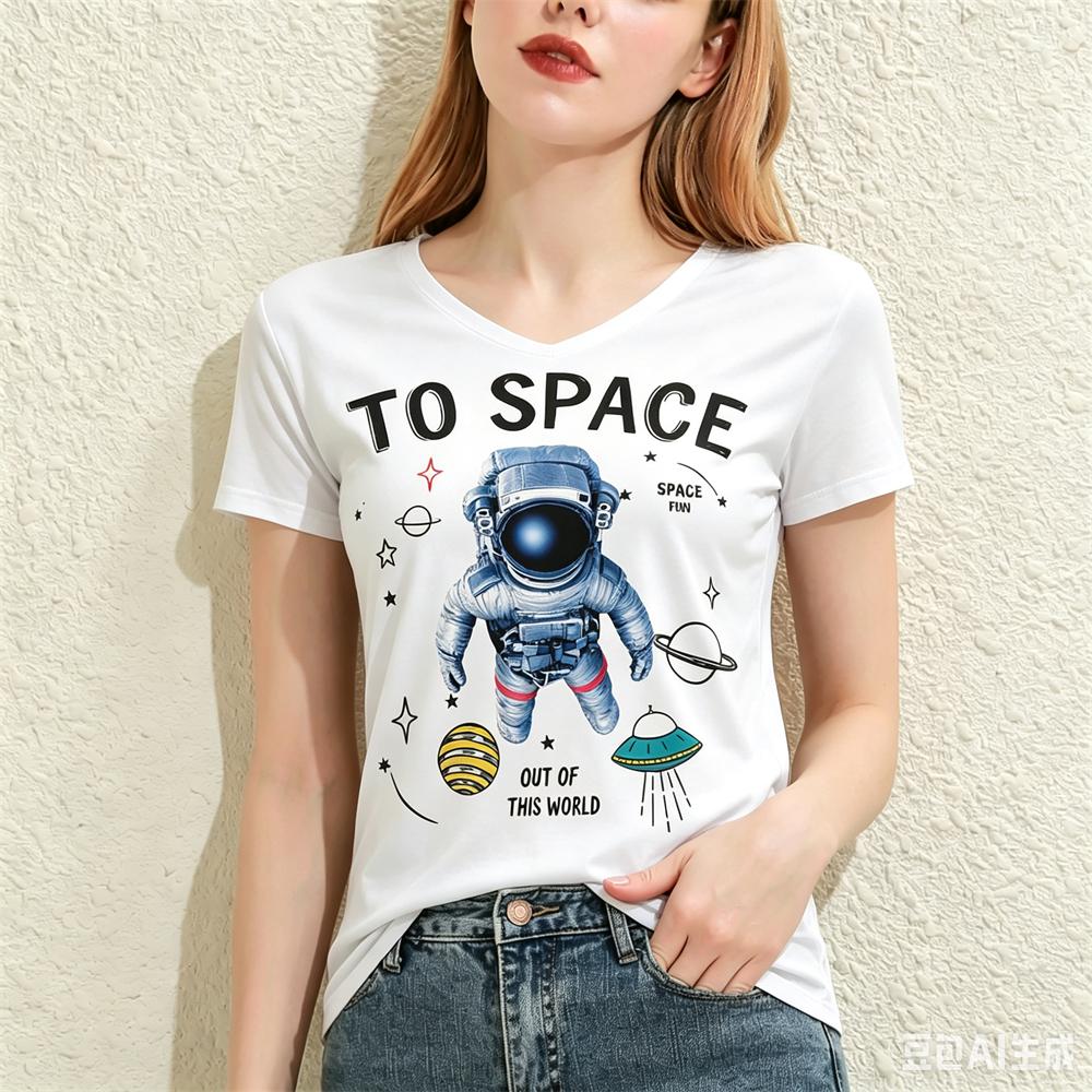 Cartoon Astronaut Pattern Print Women's T-shirts Fashion V-neck Short Sleeve Tees Casual Loose Tops Summer Trend Female Clothing