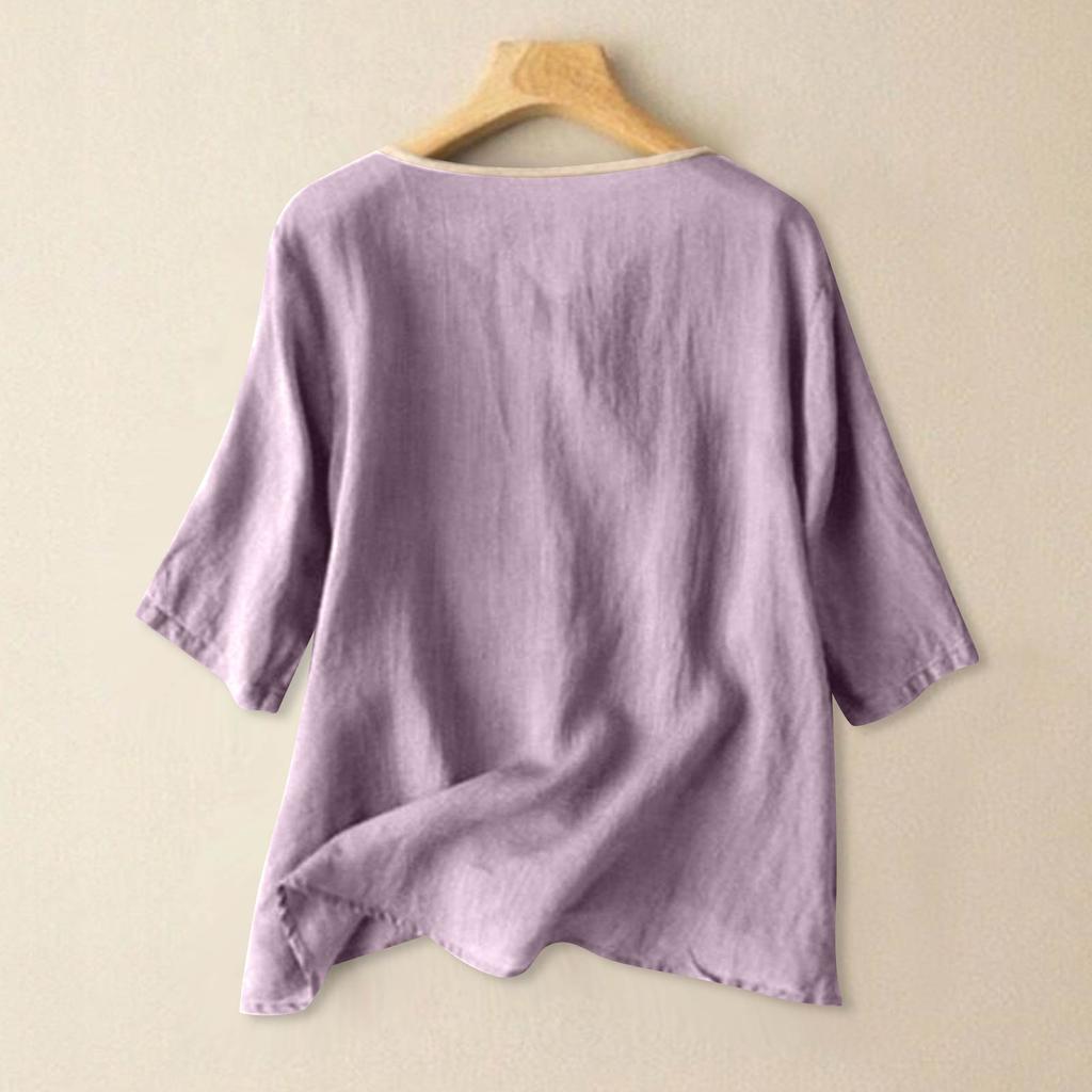 Damen Bluse im Vintage-Stil, lockere Passform, bestickt, Knopfleiste vorne, Baumwoll-Leinen-Mischung, Dreiviertelärmel