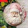 Pink Santa Claus Snowflake Round Wooden Hanging Sign, 2D Flat Printed Christmas Wall Door Ornament, Xmas Holiday Home Decor Gift