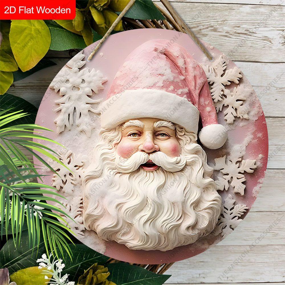 Pink Santa Claus Snowflake Round Wooden Hanging Sign, 2D Flat Printed Christmas Wall Door Ornament, Xmas Holiday Home Decor Gift