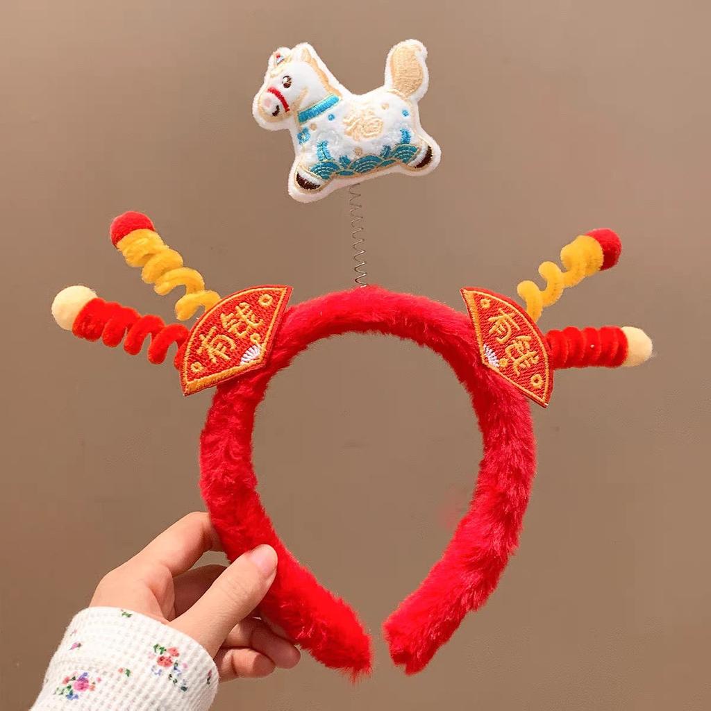 Cute Red Festive Plush for Hairband Horse-Zodiac Doll Headband Festival Performance Accessory Handmade Japan Korean Style