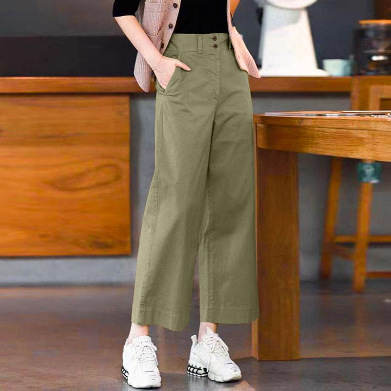 

ZANZEA Женские повседневные брюки с завышенной талией, однотонные, свободные, прямые, укороченные 5XL зелёный