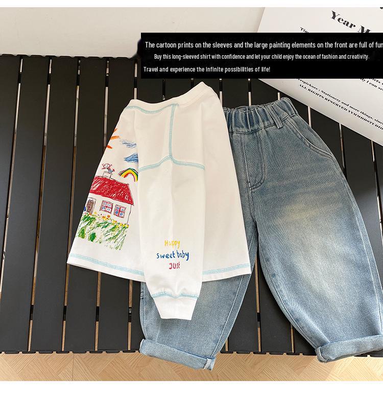 Nausicaa Spring 2025 Kids' Hand-Painted Korean-Style Cotton T-Shirt - Cute Long Sleeve for Boys & Girls