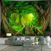 2D Fresh Forest Tapestry, Mossy Wooden Bridge in Green Jungle Wall Hanging, Aesthetic Nature Scenery Decor