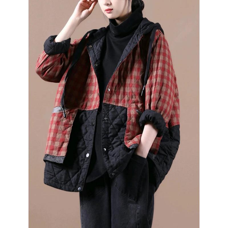 2024 Winter Fashion Padded Coats Chinese Womens Loose Hooded Warm Plaid Jackets Ladies Casual Vintage Luxury Outerwear