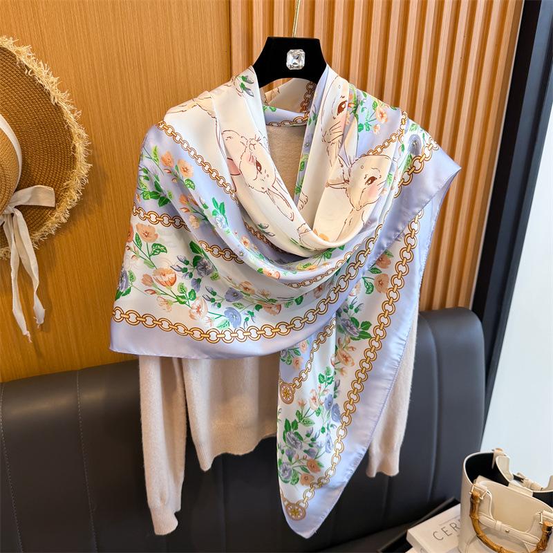 Chain Flower Simulation Silk Premium 111cm Large Square Scarf Silk Scarf Printed Shawl Sunscreen Scarf Headscarf Scarf