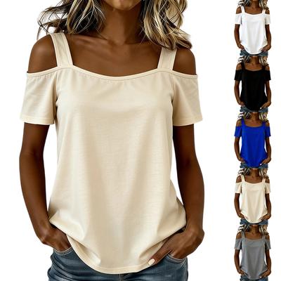 Women Off Shoulder Short Sleeve Top Casual Loose Fit Shirt Summer Cold Shoulder Blouse for Daily Wear