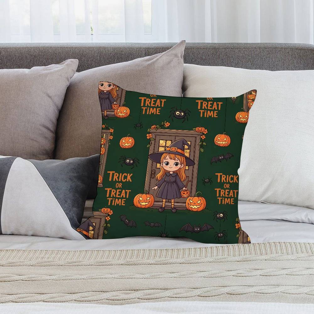 Halloween Cartoon Witch Pillow Case Short Plush Double-Sided Print Square Throw Pillow Covers Sofa Home Cushion Decor