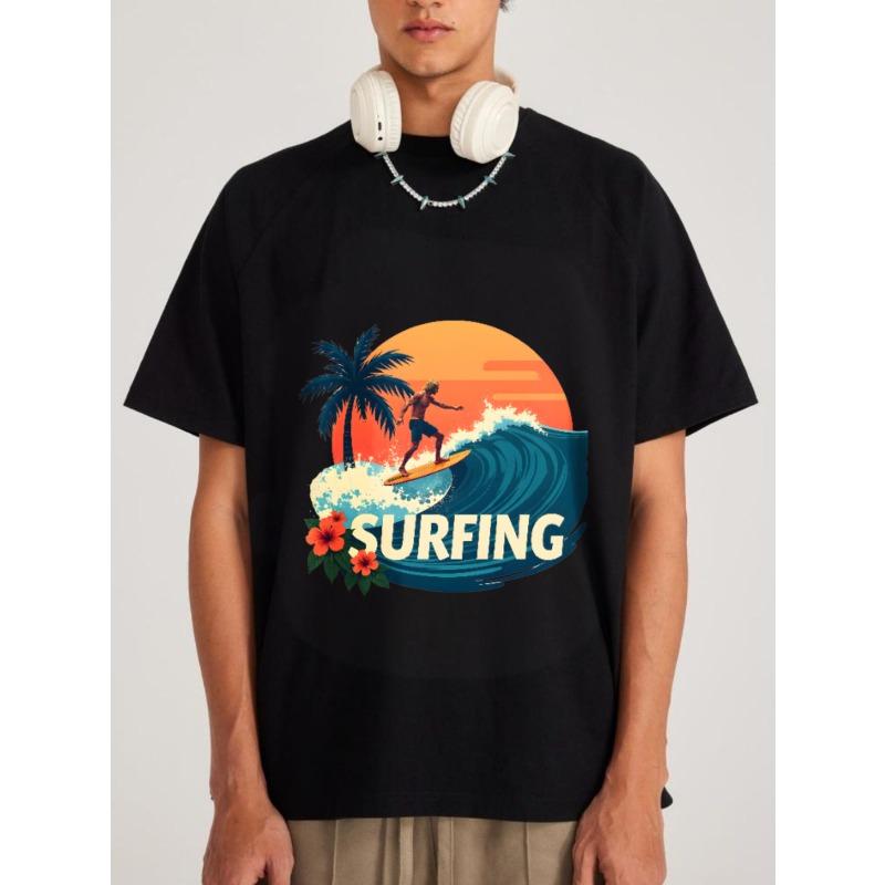Surfing T Shirt White Surfing Wave Palm Tree Sunset and Flowers Print for Beach Vacation Summer Outdoor Activities