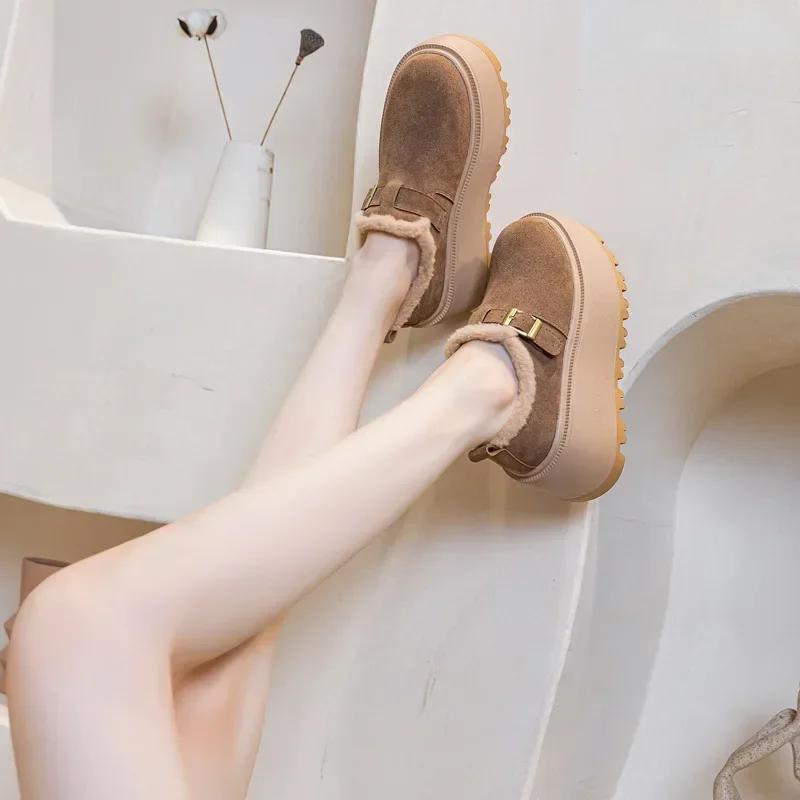Fashion 2025 New 8cm Flat Platform Women Winter Loafers Fashion Suede Leather Basic Oxfords Outdoor Keep Warm Plush Ladies Shoes Woman